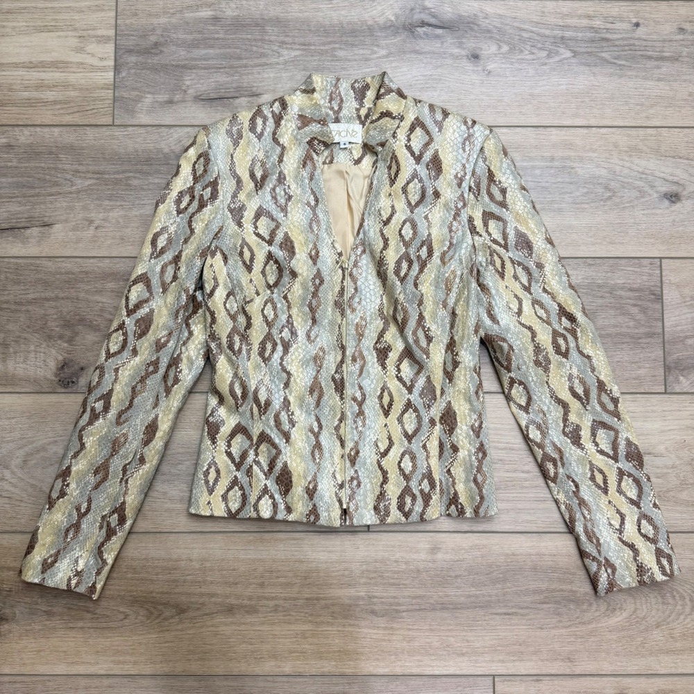 Vintage Cache Y2K Snakeskin Python Print Zip Front Jacket Brown Tan Fitted 6